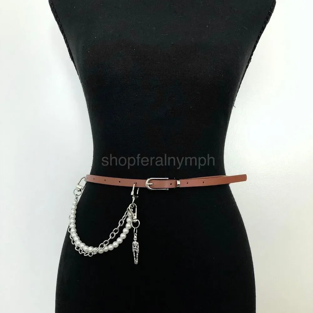 Vintage Y2K Whimsygoth Skeleton Pearl Chain Belt, Fits 33–36 Inches, X7GA1193